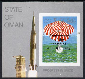 Oman 1969 Progress in Space imperf m/sheet opt'd with 6th Death Anniversary of Kennedy unmounted mint, stamps on , stamps on  stamps on kennedy, stamps on  stamps on personalities, stamps on  stamps on space, stamps on  stamps on parachutes, stamps on  stamps on death