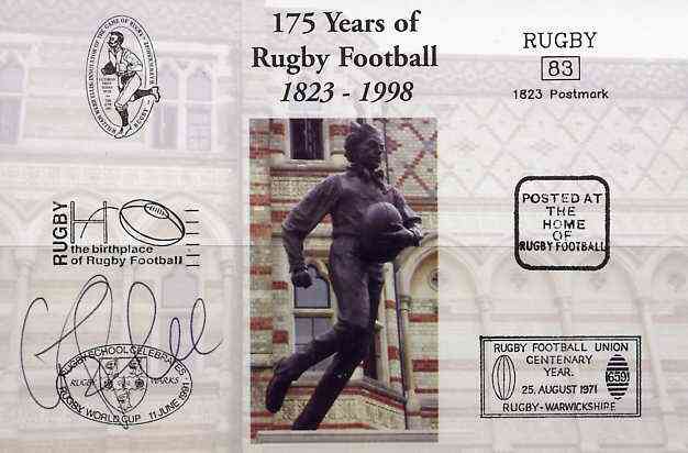 Postcard privately produced in 1998 (coloured) for the 175th Anniversary of Rugby, signed by Graham Rowntree (England - 33 caps & Leicester) unused and pristine, stamps on , stamps on  stamps on rugby, stamps on  stamps on sport