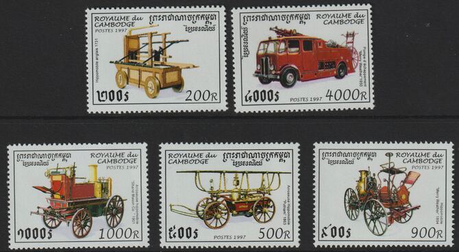 Cambodia 1997 Fire Engines complete set of 5 values unmounted mint, SG 1630-35, stamps on , stamps on  stamps on fire