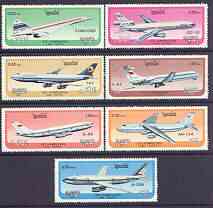 Kampuchea 1986 Aircraft perf set of 7 values unmounted mint, SG 771-77, stamps on aviation, stamps on concorde, stamps on douglas, stamps on dc, stamps on boeingantonov, stamps on airbus