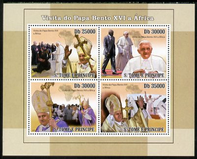 St Thomas & Prince Islands 2010 Visit to Africa by Pope Benedict perf sheetlet containing 4 values unmounted mint, stamps on popes, stamps on pope, stamps on religion