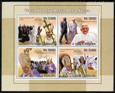 St Thomas & Prince Islands 2010 Visit to Africa by Pope Benedict perf sheetlet containing 4 values unmounted mint, stamps on , stamps on  stamps on popes, stamps on  stamps on pope, stamps on  stamps on religion