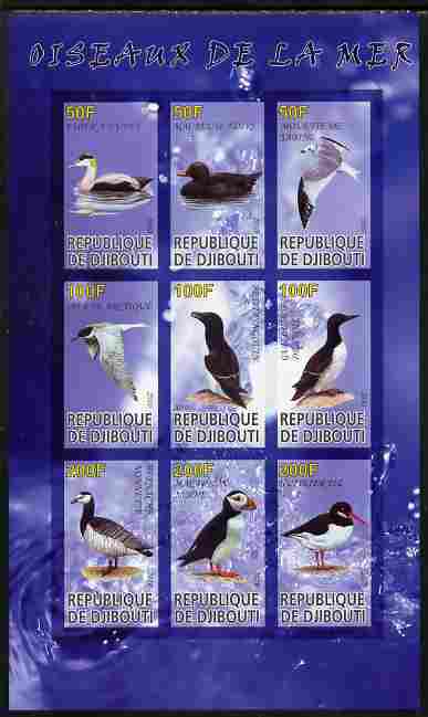 Djibouti 2010 Sea Birds imperf sheetlet containing 9 values unmounted mint, stamps on , stamps on  stamps on birds, stamps on  stamps on puffins, stamps on  stamps on 