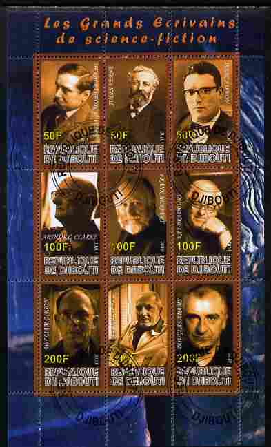 Djibouti 2010 Science Fiction Writers perf sheetlet containing 9 values fine cto used, stamps on personalities, stamps on literature, stamps on sci-fi, stamps on wells, stamps on verne, stamps on asimov, stamps on clarke, stamps on bradbury, stamps on 