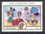 St Vincent 1989 Mickey Mouse & Snake Charmer 1c from Walt Disney India 89 set, SG 1169 unmounted mint*, stamps on snakes, stamps on reptiles, stamps on cobras, stamps on snake, stamps on snakes, stamps on 