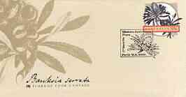 Australia 1986 Banksia serrata 33c postal stationery envelope (from Flora on Cook's Voyage series) with illustrated first day cancellation, stamps on , stamps on  stamps on flora, stamps on  stamps on flowers, stamps on  stamps on cook, stamps on  stamps on explorers