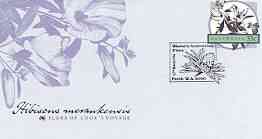 Australia 1986 Hibiscus meraukensis 33c postal stationery envelope (from Flora on Cook's Voyage series) with illustrated first day cancellation, stamps on , stamps on  stamps on flora, stamps on  stamps on flowers, stamps on  stamps on cook, stamps on  stamps on explorers