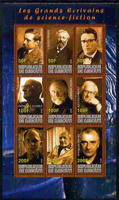 Djibouti 2010 Science Fiction Writers perf sheetlet containing 9 values unmounted mint, stamps on personalities, stamps on literature, stamps on sci-fi, stamps on wells, stamps on verne, stamps on asimov, stamps on clarke, stamps on bradbury, stamps on 