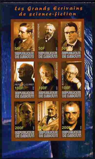 Djibouti 2010 Science Fiction Writers imperf sheetlet containing 9 values unmounted mint, stamps on personalities, stamps on literature, stamps on sci-fi, stamps on wells, stamps on verne, stamps on asimov, stamps on clarke, stamps on bradbury, stamps on 