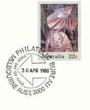 Australia 1980 Frilled Lizard 22c postal stationery envelope with first day cancellation, stamps on animals, stamps on reptiles, stamps on lizards