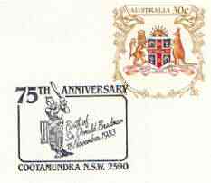 Australia 1983 Coat of Arms of New South Wales 30c postal stationery envelope with special illustrated Donald Bradman 75th Anniversary cancellation, stamps on cricket, stamps on sport, stamps on arms, stamps on heraldry