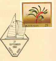 Australia 1982 Mangles Kangaroo Paw 27c postal stationery envelope with illustrated Australia II 27 Sept 1983 cancel and congratulations imprint, stamps on flowers, stamps on sailing, stamps on yachts, stamps on sport