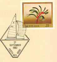 Australia 1982 Mangle's Kangaroo Paw 27c postal stationery envelope with illustrated 'Australia II' 27 Sept 1983 cancel and 'congratulations imprint, stamps on flowers, stamps on sailing, stamps on yachts, stamps on sport