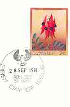 Australia 1981 Sturts Desert Pea 24c postal stationery envelope with first day cancellation, stamps on flowers, stamps on 