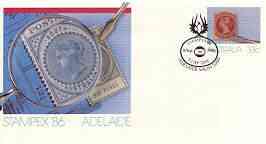 Australia 1986 Stampex 86 (Adelaide Stamp Exhibition) 33c postal stationery envelope with illustrated FIAP Day cancel of 8 Aug, stamps on stamp exhibitions, stamps on stamp on stamp, stamps on postal, stamps on stamponstamp