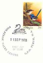 Australia 1978 Blue Wren 20c postal stationery envelope with first day cancel, stamps on birds, stamps on wrens