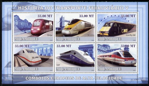 Mozambique 2009 History of Transport - Railways #05 perf sheetlet containing 6 values unmounted mint, stamps on , stamps on  stamps on transport, stamps on  stamps on railways, stamps on  stamps on london, stamps on  stamps on bridges