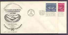 United Nations (NY) 1965 International Co-operation Year set of 2 on 2 covers with first day cancels, SG 143-44, stamps on communications, stamps on  icy , stamps on united nations