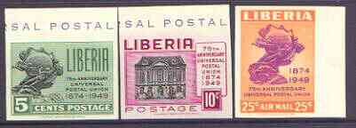 Liberia 1950 75th Anniversary of Universal Postal Union set of 3 imperf unmounted mint as SG 711-13, stamps on , stamps on  stamps on , stamps on  stamps on  upu , stamps on  stamps on 