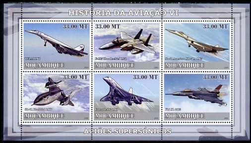 Mozambique 2009 History of Transport - Aviation #06 perf sheetlet containing 6 values unmounted mint, stamps on , stamps on  stamps on transport, stamps on  stamps on aviation, stamps on  stamps on concorde, stamps on  stamps on 