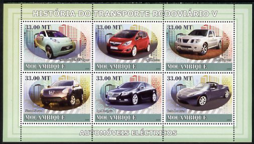 Mozambique 2009 History of Transport - Road Transport #05 perf sheetlet containing 6 values unmounted mint, stamps on transport, stamps on cars