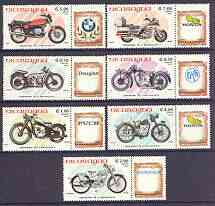 Nicaragua 1985 Centenary of Motorcycle complete perf set of 7 (each se-tenant with label with maker's name) unmounted mint, SG 2666-72, stamps on , stamps on  stamps on motorbikes