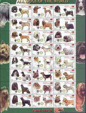 Timor (East) 2000 Dogs #01 perf sheetlet containing 24 values each with Scouts & Rotary Logos fine cto used, stamps on , stamps on  stamps on scouts, stamps on  stamps on rotary, stamps on  stamps on dogs, stamps on mastiff, stamps on  stamps on springer, stamps on  stamps on spaniel, stamps on  stamps on irish, stamps on  stamps on wolfhound, stamps on  stamps on fox terier, stamps on  stamps on pomeranian, stamps on  stamps on chihuahua, stamps on  stamps on uorkshire, stamps on  stamps on pekingese, stamps on  stamps on maltese, stamps on  stamps on cairn