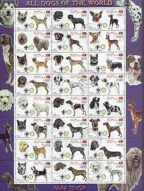 Timor (East) 2000 Dogs #02 perf sheetlet containing 24 values each with Scouts & Rotary Logos fine cto used, stamps on , stamps on  stamps on scouts, stamps on  stamps on rotary, stamps on  stamps on dogs, stamps on ridgeback, stamps on  stamps on pyrenean, stamps on  stamps on staffordshire, stamps on  stamps on boxer, stamps on  stamps on dalmatian, stamps on  stamps on retriever, stamps on  stamps on weimaraner, stamps on  stamps on pinscher, stamps on  stamps on cocker, stamps on  stamps on spaniels, stamps on  stamps on irish, stamps on  stamps on terriers, stamps on  stamps on dachshund