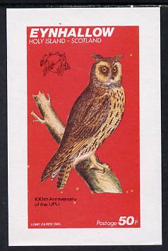 Eynhallow 1974 Long Eared Owl (Universal Postal Union Centenary) imperf souvenir sheet (50p value) unmounted mint, stamps on , stamps on  stamps on birds  upu    owls   birds of prey, stamps on  stamps on  upu , stamps on  stamps on 