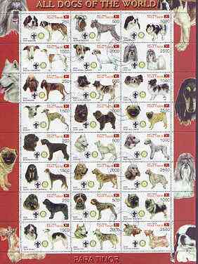 Timor (East) 2000 Dogs #04 perf sheetlet containing 24 values each with Scouts & Rotary Logos fine cto used, stamps on scouts, stamps on rotary, stamps on dogs, stamps on st bernard, stamps on greyhound, stamps on bloodhound, stamps on whippet, stamps on newfoundland, stamps on jack russell, stamps on caucasian, stamps on samoyed, stamps on retriever, stamps on shih tzu, stamps on papillon, stamps on english, stamps on setter, stamps on scottish, stamps on terriers
