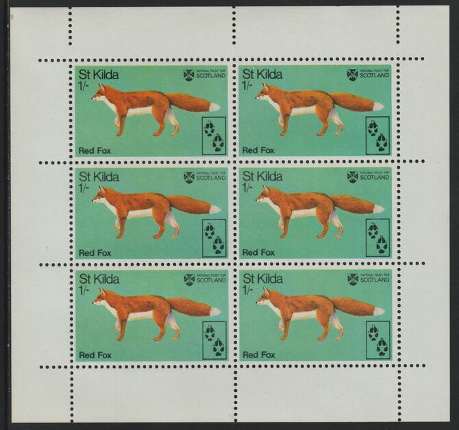 St Kilda 1970 Red Fox 1s complete perf sheetlet of 6 (from Wildlife set) unmounted mint, stamps on animals, stamps on fox, stamps on  fox , stamps on foxes, stamps on 