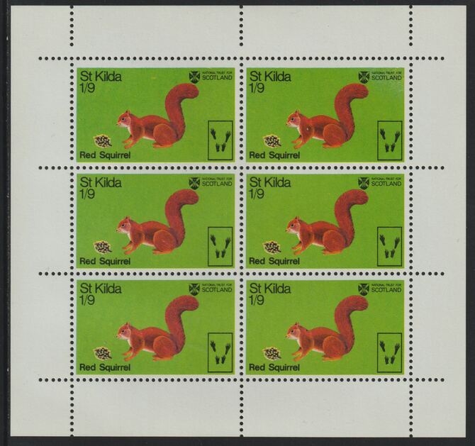 St Kilda 1970 Red Squirrel 1s9d complete perf sheetlet of 6 (from Wildlife set) unmounted mint, stamps on animals, stamps on squirrels