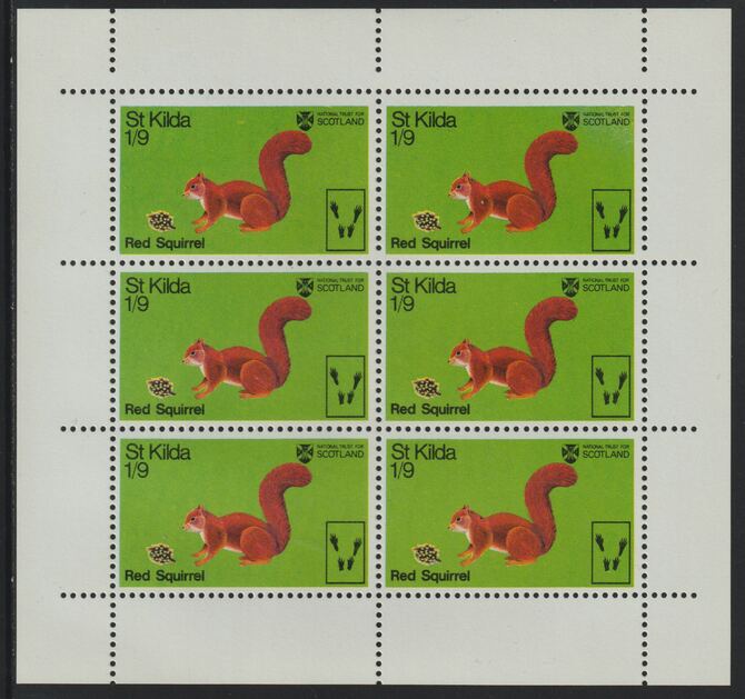 St Kilda 1970 Red Squirrel 1s9d complete perf sheetlet of 6 (from Wildlife set) unmounted mint, stamps on , stamps on  stamps on animals, stamps on  stamps on squirrels