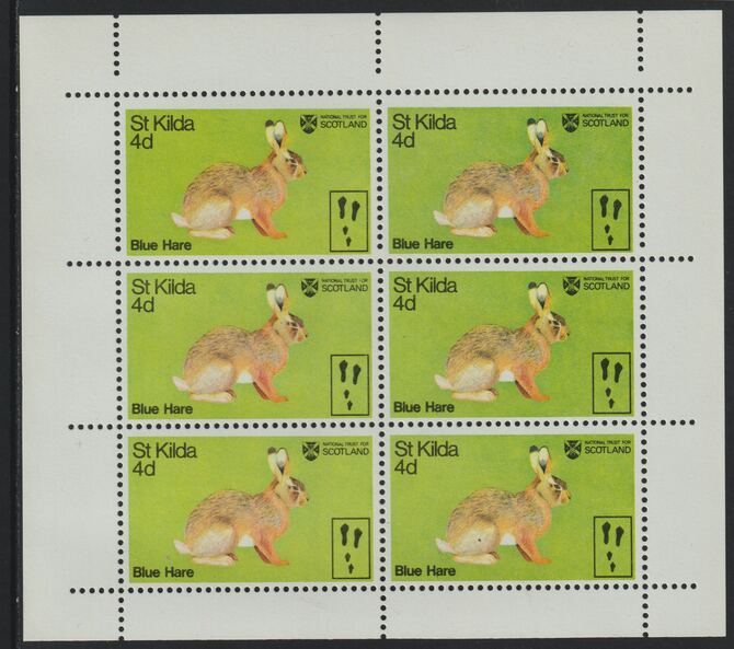 St Kilda 1970 Blue Hare 4d complete perf sheetlet of 6 (from Wildlife set) unmounted mint, stamps on , stamps on  stamps on animals, stamps on  stamps on hares, stamps on  stamps on rabbits