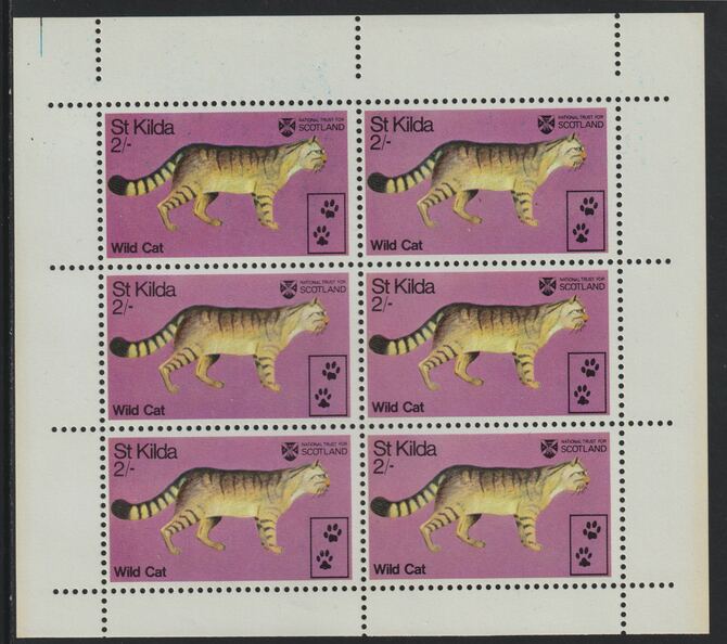St Kilda 1970 Wild Cat 2s complete perf sheetlet of 6 (from Wildlife set) unmounted mint, stamps on animals, stamps on cats