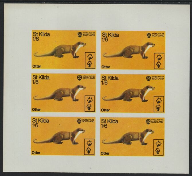 St Kilda 1970 Otter 1s6d complete imperf sheetlet of 6 (from Wildlife set) unmounted mint, stamps on animals, stamps on otters