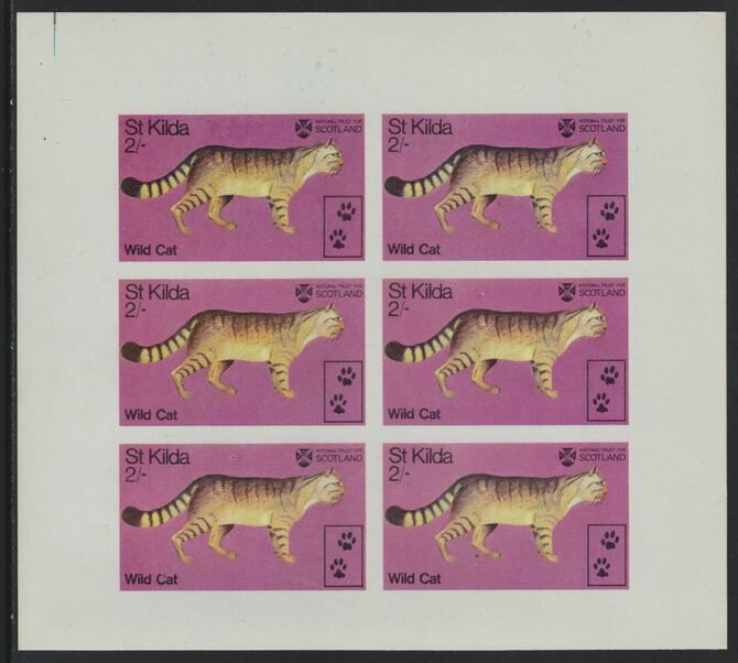 St Kilda 1970 Wild Cat 2s complete imperf sheetlet of 6 (from Wildlife set) unmounted mint, stamps on animals, stamps on cats