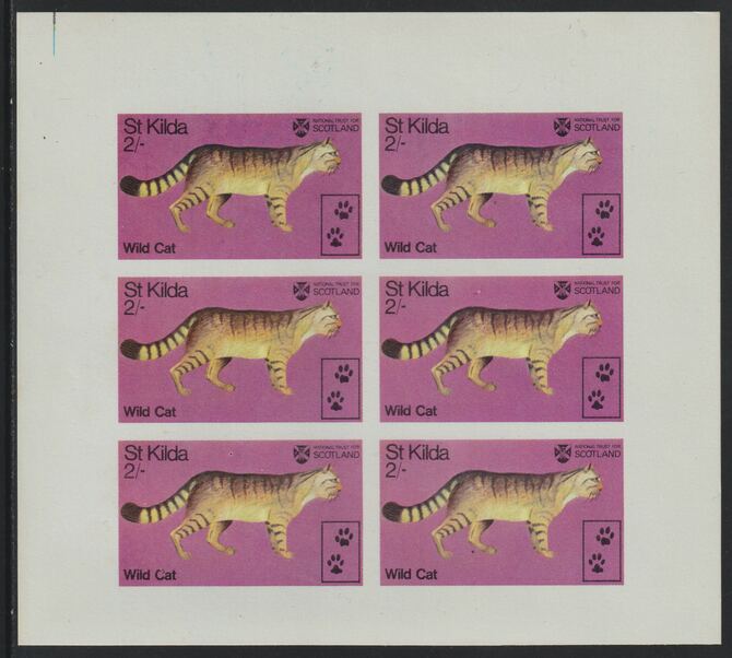 St Kilda 1970 Wild Cat 2s complete imperf sheetlet of 6 (from Wildlife set) unmounted mint, stamps on , stamps on  stamps on animals, stamps on  stamps on cats