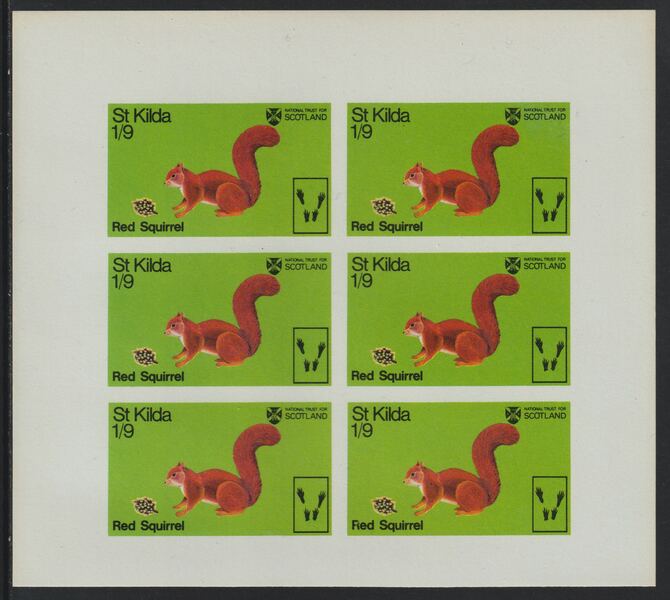 St Kilda 1970 Red Squirrel 1s9d complete imperf sheetlet of 6 (from Wildlife set) unmounted mint, stamps on , stamps on  stamps on animals, stamps on  stamps on squirrels