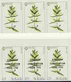 St Kilda 1970 Flowers 1s9d (Yellow Rattle) with 'European Conservation Year' opt ALBINO, unmounted mint strip of 3, plus imperf strip of 3 with normal opt., stamps on , stamps on  stamps on flowers, stamps on environment     