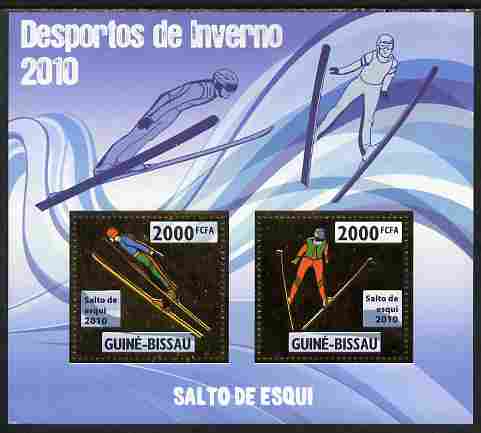 Guinea - Bissau 2010 Winter Olympic Sports - Ski Jumping perf sheetlet containing 2 values in gold unmounted mint, stamps on olympics, stamps on sport, stamps on skiing