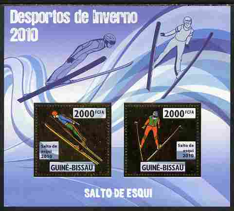 Guinea - Bissau 2010 Winter Olympic Sports - Ski Jumping perf sheetlet containing 2 values in gold unmounted mint, stamps on , stamps on  stamps on olympics, stamps on  stamps on sport, stamps on  stamps on skiing