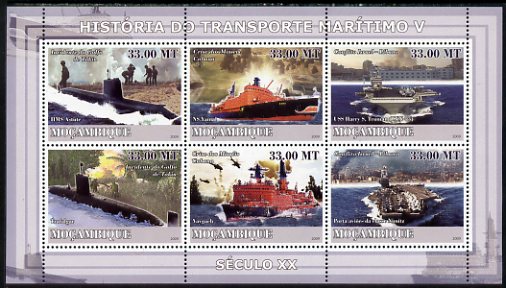 Mozambique 2009 History of Transport - Ships #05 perf sheetlet containing 6 values unmounted mint, stamps on , stamps on  stamps on transport, stamps on  stamps on ships, stamps on  stamps on submarines, stamps on  stamps on flat tops, stamps on  stamps on helicopters