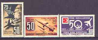 Turkey 1961 50th Anniversary of Air Force set of 3 unmounted mint, SG 1940-42, stamps on aviation, stamps on rockets, stamps on space