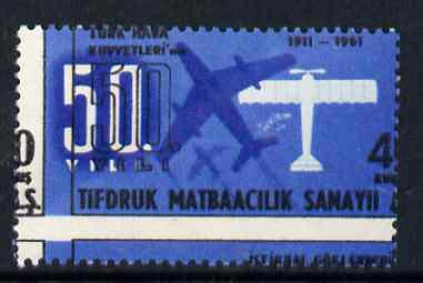 Turkey 1961 50th Anniversary of Air Force 40c perf proof essay in blue & black, with colours out of register with perforations, an attractive and unusual item, unmounted ..., stamps on aviation, stamps on 