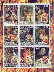 Tadjikistan 2001 Owls & Fungi perf sheetlet containing set of 9 values, each with Rotary Logo, unmounted mint, stamps on , stamps on  stamps on birds, stamps on  stamps on owls, stamps on  stamps on birds of prey, stamps on  stamps on fungi, stamps on  stamps on rotary, stamps on  stamps on 