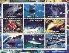 Kyrgyzstan 2001 Whales, Dolphins & Sharks perf sheetlet containing set of 9 values, unmounted mint, stamps on , stamps on  stamps on whales, stamps on  stamps on dolphins, stamps on  stamps on sharks, stamps on  stamps on fish, stamps on  stamps on marine life