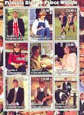Turkmenistan 2001 Princess Di & Prince william perf sheetlet containing set of 9 values, unmounted mint, stamps on , stamps on  stamps on royalty, stamps on  stamps on diana, stamps on  stamps on william