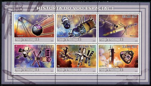 Mozambique 2009 History of Space Flight #01 perf sheetlet containing 6 values unmounted mint, stamps on space, stamps on satellites, stamps on rockets