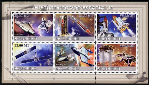 Mozambique 2009 History of Space Flight #02 perf sheetlet containing 6 values unmounted mint, stamps on , stamps on  stamps on space, stamps on  stamps on satellites, stamps on  stamps on rockets, stamps on  stamps on shuttle